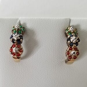18KT GF Over Sterling Ruby, Sapphire & Simulated Emerald Earrings.